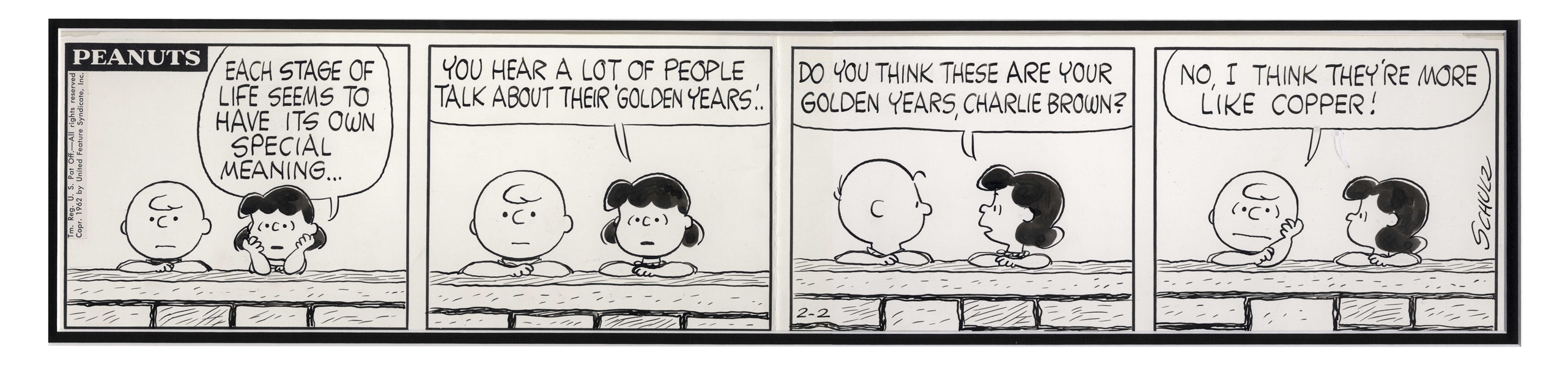 Charles Schulz Hand-Drawn ''Peanuts'' Comic Strip From 1962 -- Charlie Brown & Lucy Discuss their ''Golden Years'', or as Charlie Brown Puts It, Their ''Copper Years''